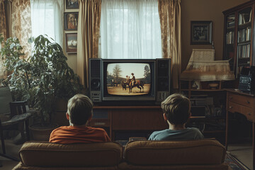 A cozy family evening with kids enjoying classic Western films on TV