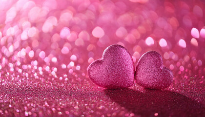 Obraz premium Pink hearts on bright glittering backdrop. Vivid sparkles. Valentine's Day, romantic greeting card.