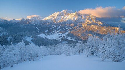 A serene winter landscape with snow-covered mountains and trees under a blue sky.