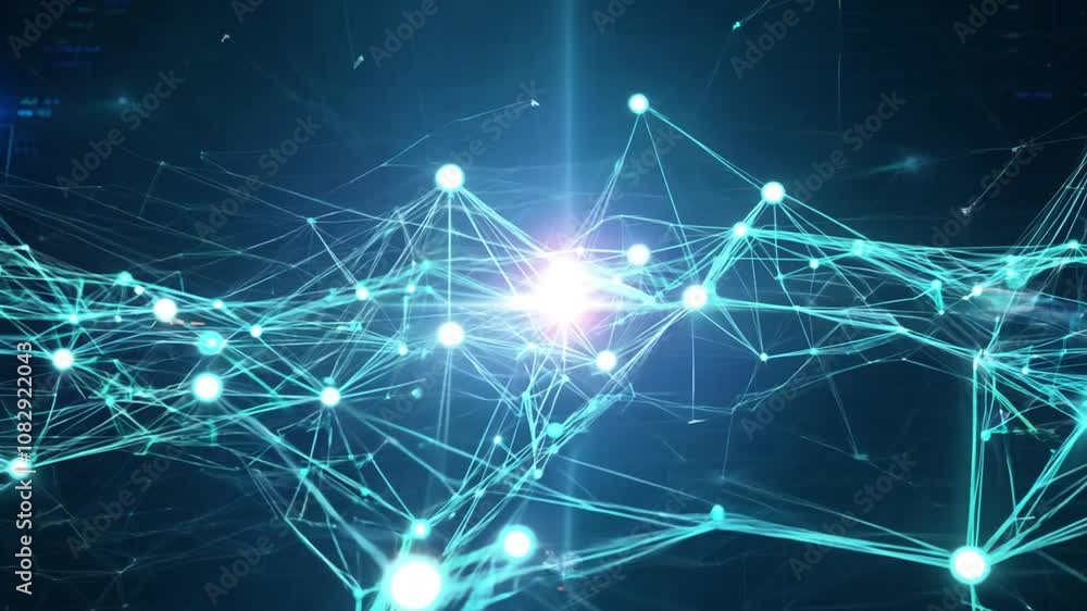 Poster illuminated technology network with interconnected nodes and lines generative ai