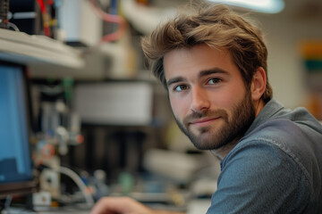 A focused engineer explores electronics in a busy workshop setting