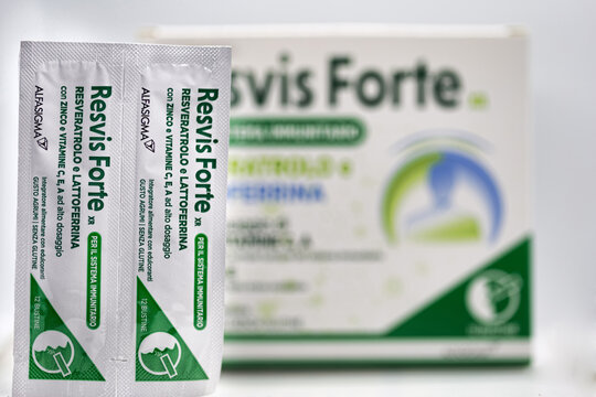  Revis Forte XR is a food supplement to support the immune system containing Resveratrol, Lactoferrin, Zinc, Vitamin C, Vitamin A and Vitamin E, Rome, Italy - November 15, 2024
