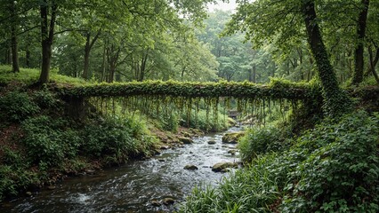 Obraz premium Vibrant vine bridge over stream in forest unity symbol
