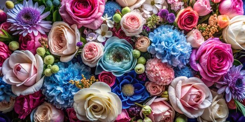 Closeup Bouquet of Assorted Flowers with Pink, Blue, and White Roses, Floral Background, Flower Arrangement, Floral Photography, Flowers