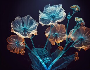 Glowing translucent flowers in vibrant colors showcasing intricate details against a dark background in a serene setting. Generative AI
