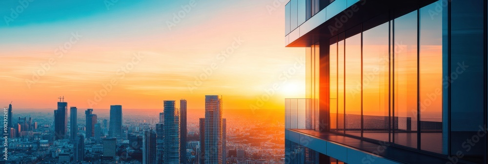 Aufkleber tall buildings cast striking silhouettes under a colorful sunset in this urban setting, creating a s