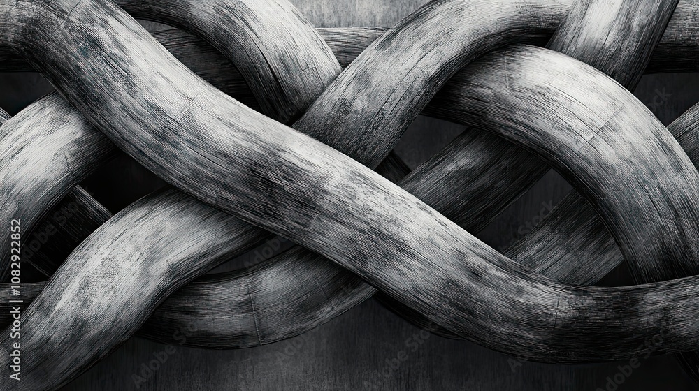 Poster abstract black and white textured curves interwoven creating a captivating and intricate pattern. .