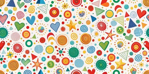 Colorful Abstract Geometric Pattern With Hearts, Stars, Circles and Triangles, abstract, geometric patterns