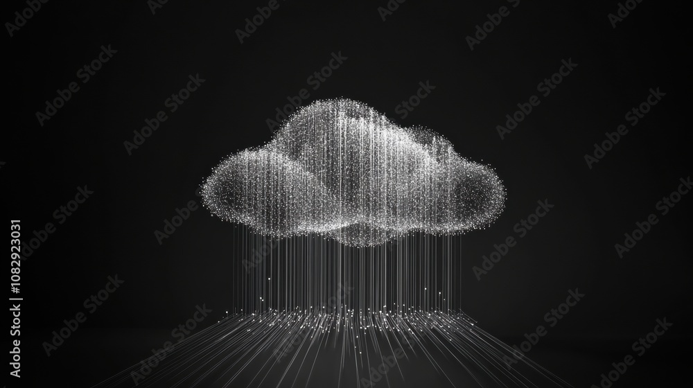 Aufkleber A digital representation of a data cloud with fine lines radiating outward creates an abstract illustration in a dark setting. Generative AI