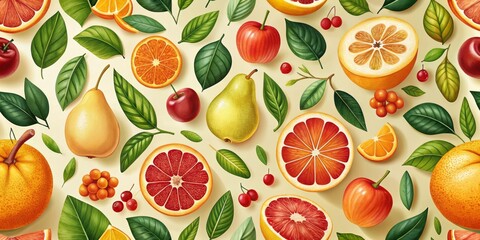 Colorful Fruit and Green Leaf Pattern, Seamless, Illustration, Digital Art, Vector, Pattern Design, Background