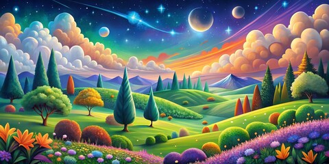 Dreamy Landscape with Starry Sky and Lush Hills, Digital Art, Fantasy, Nature, Illustration, Landscape, Night