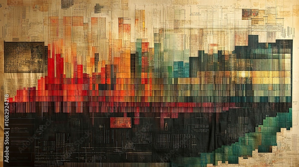 Poster abstract layered composition of colorful grids and faded text on a vintage paper background creating