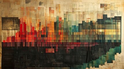 Abstract layered composition of colorful grids and faded text on a vintage paper background creating a layered textured image. .