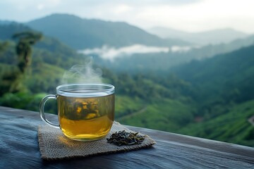 cup of steaming hot tea on wooden table on tea plantation in mountains blurred landscape background, antioxidant drink wallpaper, freshness of morning in nature banner, international world tea day