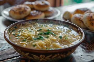 A flavorful bowl of noodle soup, garnished with herbs, is prominently displayed with freshly baked bread rolls on a rustic dining table. The warm atmosphere invites a comforting meal