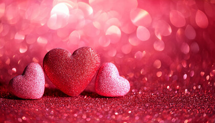 Fototapeta premium Pink hearts on bright glittering backdrop. Vivid sparkles. Valentine's Day, romantic greeting card.