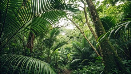 Naklejka premium A dense thicket of green palm leaves and branches in a jungle setting, palm, tropical, green, foliage, garden