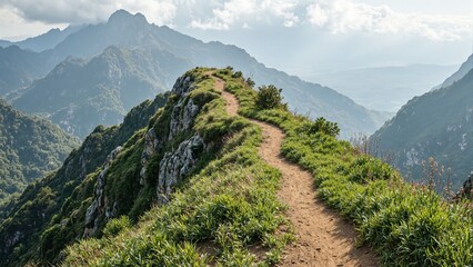 Fototapeta premium Serene mountain trail through lush greenery a metaphor for growth and beauty in challenges