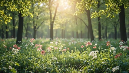 Fototapeta premium Vibrant spring forest with blooming flowers and new leaves