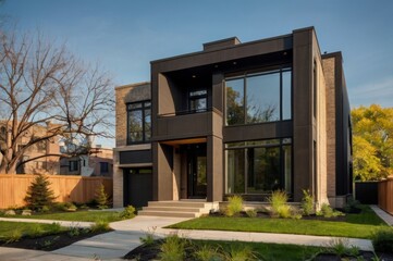 modern townhouse, black exterior, beautiful landscape