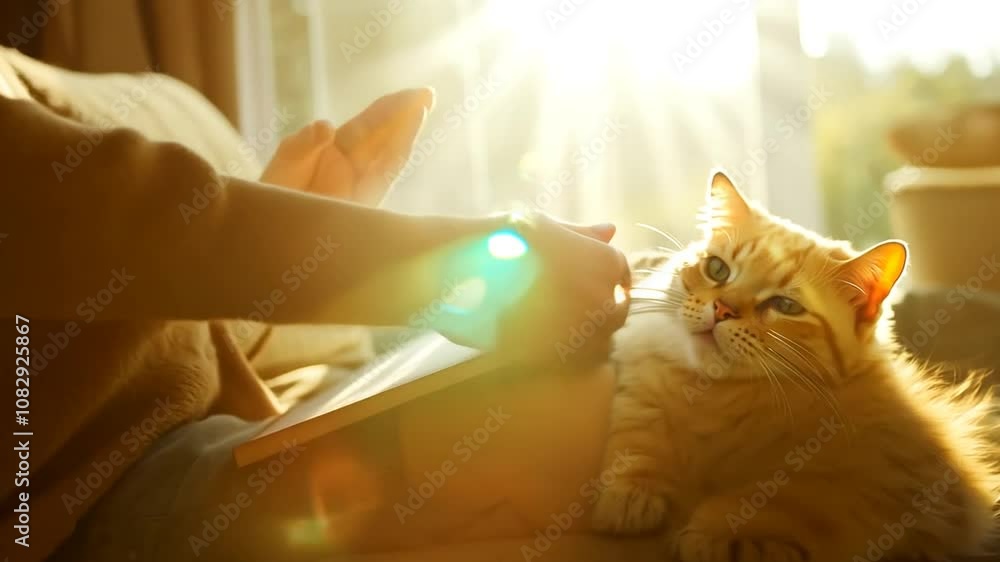 Poster enjoying a summer afternoon reading with a pet cat at home generative ai