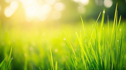 Obraz premium Green grass, natural outdoors. Spring and Summer Background. Lush green paddy in rice field with bokeh
