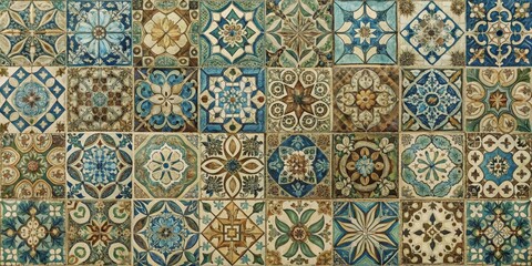 Intricate Floral Tile Pattern in Blue, Green, and Brown Hues, Vintage, Mosaic