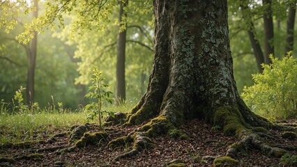 Obraz premium Symbolic image of young sapling next to ancient tree representing growth and passage of time