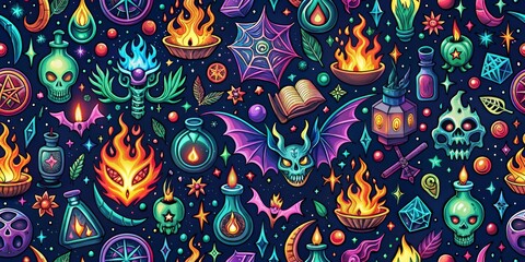 Fototapeta premium Magical Cartoon Doodle Seamless Pattern, magic, fantasy