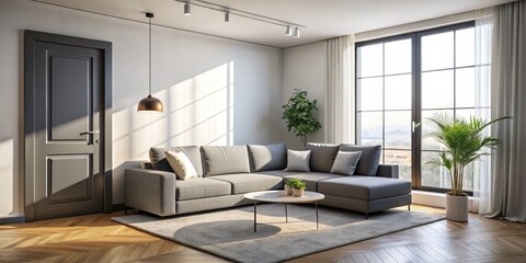 Fototapeta premium Modern Living Room with Grey Sofa and Large Window, interior design, home decor, living room design