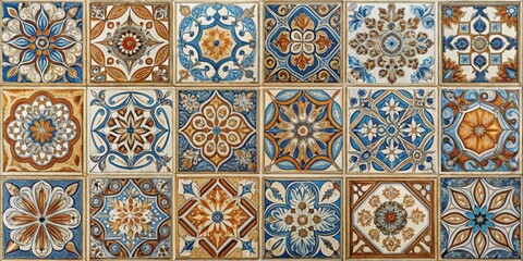 Ornamental Tile Mosaic, Blue, Orange, White, Pattern, Ceramic Tile