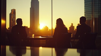 Business people watching golden sunset over city skyline from office window