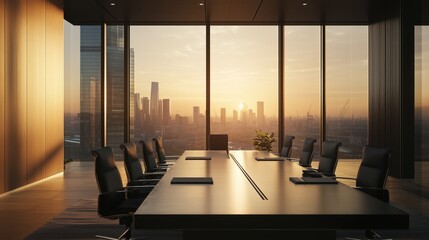 Plakat Modern conference room overlooking city at sunrise