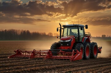 farmer in tractor working in field to prepare ground, spring sunset