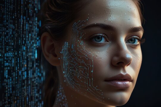 woman face merging with digital code, futuristic concept of artificial intelligence or virtual reality, dark background with glowing data