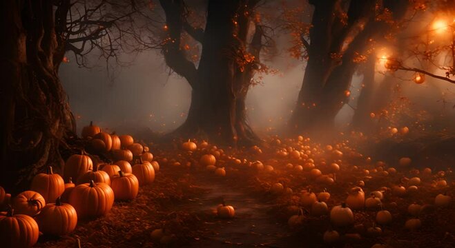 An enchanting Halloween scene with a plethora of eerie pumpkins set against a mysterious forest backdrop 4K