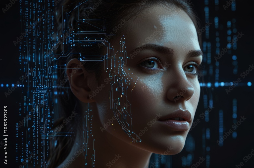 Fototapete woman face merging with digital code, futuristic concept of artificial intelligence or virtual reali