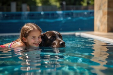 Happy child with dog in swimming pool