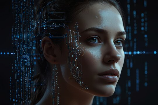 woman face merging with digital code, futuristic concept of artificial intelligence or virtual reality, dark background with glowing data