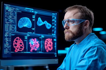 On a tablet with virtual interface, a doctor examines human chromosome DNA genetics. Stock photo