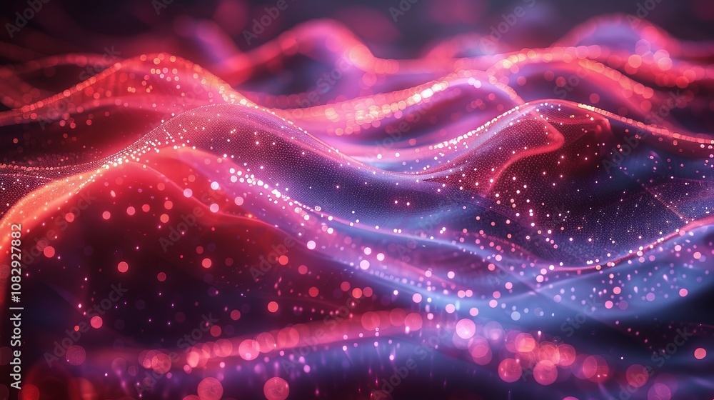 Poster colorful waves with glowing particles create a dynamic visual effect, on a dark background, represen