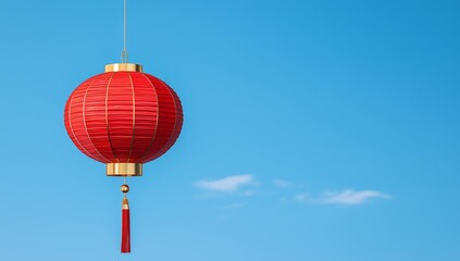 Red lantern with golden tassel gracefully hung against a clear sky symbolizing joy and celebration in cultural festivals
