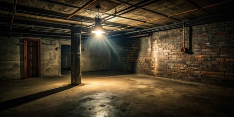 Dark and creepy basement with flickering light and mysterious shadow