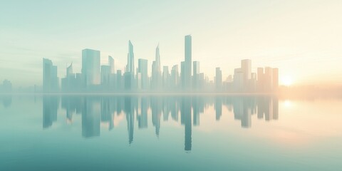 Fototapeta premium Futuristic city skyline reflecting in water at sunrise with fog
