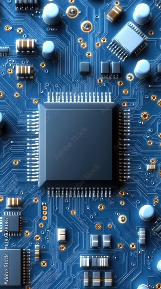 Poster intricate close-up of a blue circuit board featuring a microchip, showcasing advanced technology and