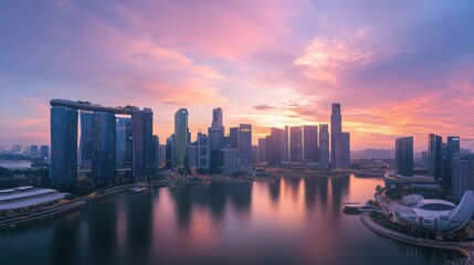 Fototapeta premium Singapore skyline reflecting in water during beautiful sunset