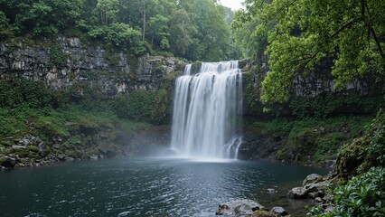 Obraz premium Tranquil waterfall amidst lush greenery