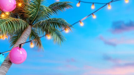 Obraz premium Christmas garlands and fairy lights decorated palm trees illuminated by LED bulbs against a blue night sky, creating a festive atmosphere