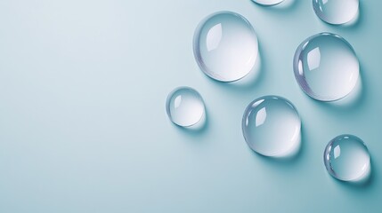 Delicate water droplets rest on a soothing pastel background in ultra-realistic top view composition