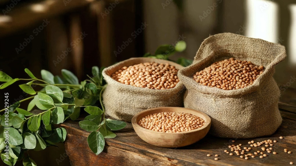 Poster a collection of bowls and sacks brimming with lentils, beans, and chickpeas is arranged on a rustic 